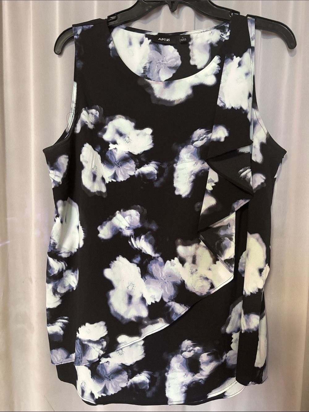Apt. 9 Black and White with purple Floral Ruffle Shell